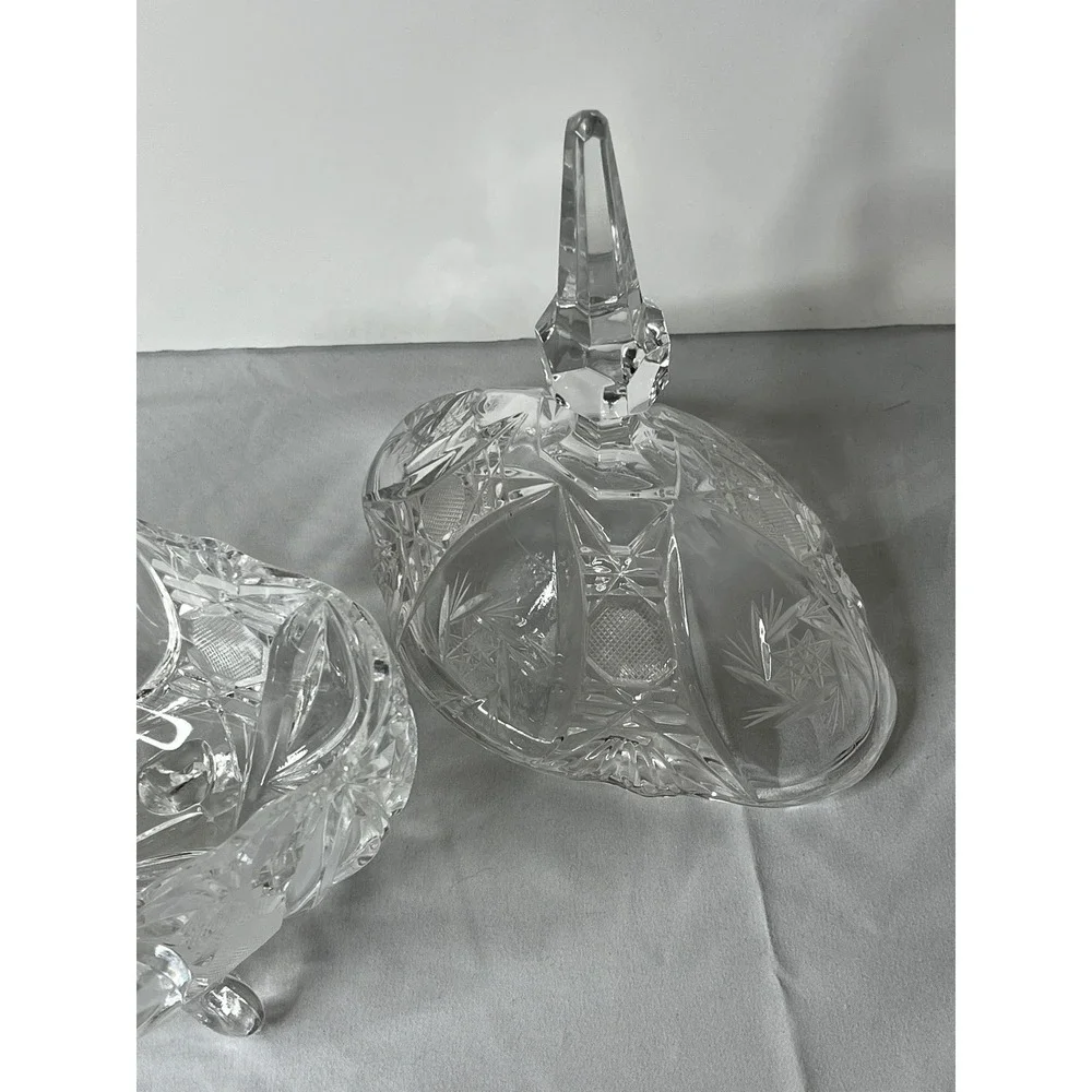 Vintage Tall Crystal Candy Dish‎ Footed w/ Lid Cut Glass Starburst Pattern Heavy